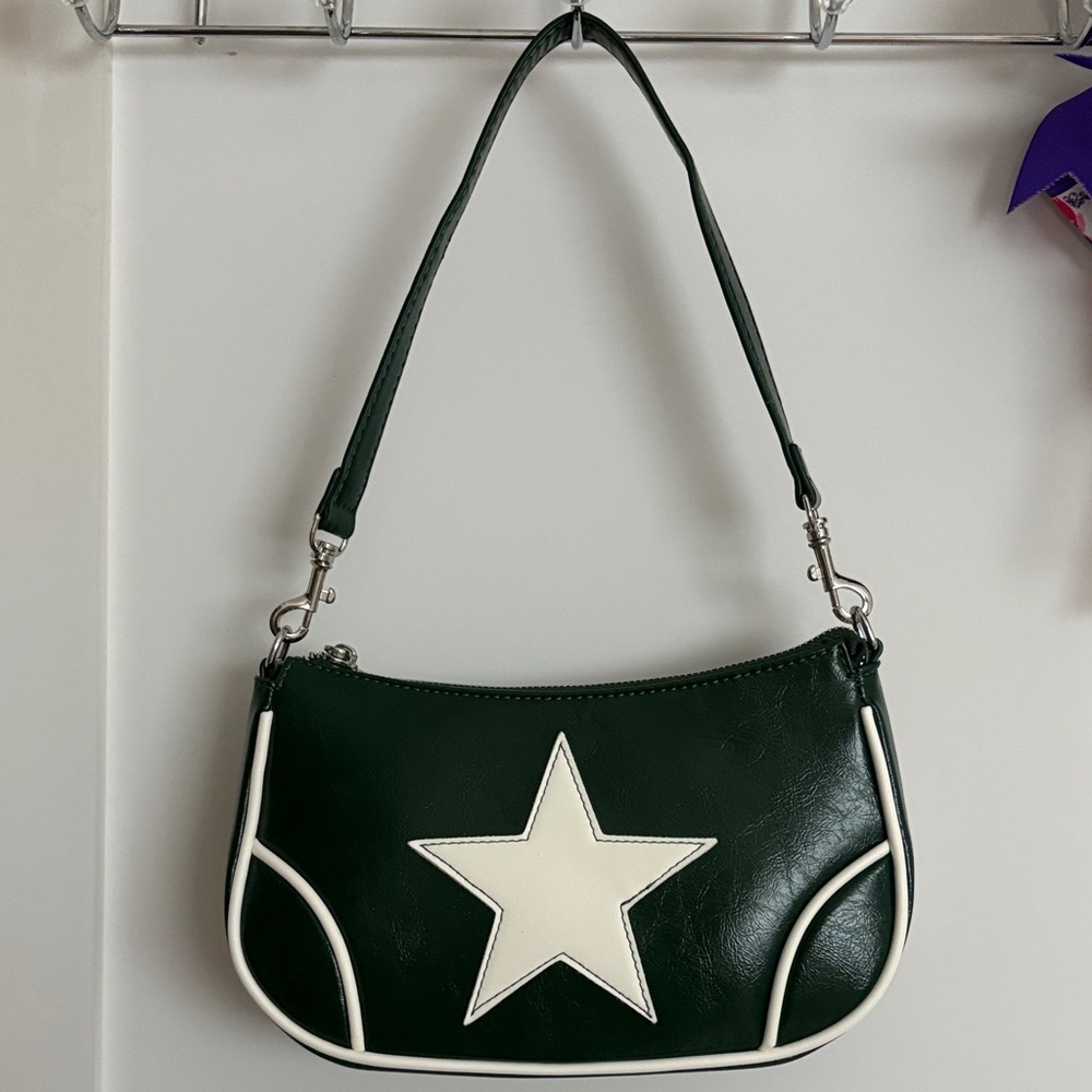 Green and white faux leather purse